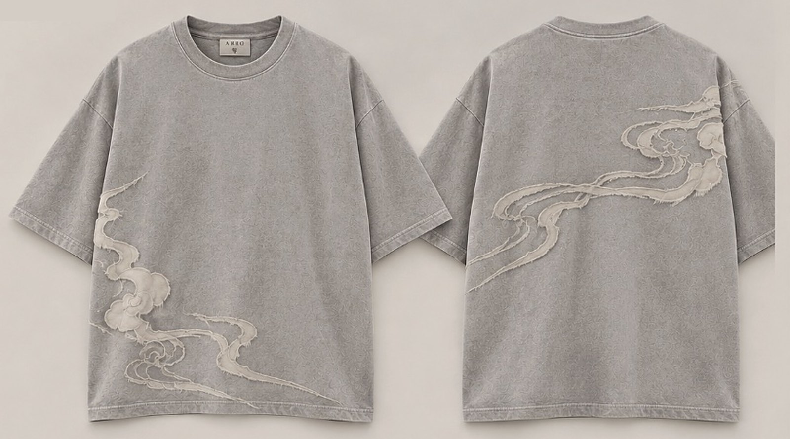 Cloud Appliqué Tee in Washed Stone, front and back